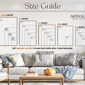 May include: A size guide for digital prints shows different sizes in inches and centimeters. The guide includes 5:7, 2:3, 4:5, 11x14 inch, and 3:4 ratios. The text "ARTHAUS DIGITAL PRINTS" is at the top of the guide. The text "GET INSTANT ACCESS TO MULTIPLE SIZES WITH YOUR PURCHASE." is at the bottom of the guide.