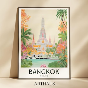 Póster de viaje de Tailandia, arte mural de Bangkok, regalos de viaje a Asia, decoración de pared de viaje vintage imprimible, pinturas de ciudades de moda, descarga digital