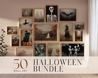 May include: A collection of 50 Halloween-themed wall art prints in various styles, including skeletons, ghosts, bats, pumpkins, and witches. The prints are arranged in a grid pattern on a light pink wall.