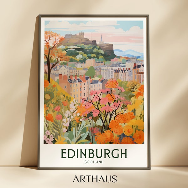 Edinburgh Travel Poster Edinburgh Castle Scotland Art Maximal Decor Mid Century Modern Wall Art Vibrant Eclectic Wall Art Digital Download