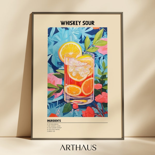 Whiskey Sour Print | Colorful Cocktail Printable Wall Art | DIGITAL DOWNLOAD | Bar Cart Wall Art | Retro Cocktail Poster | Bar Cart Decor