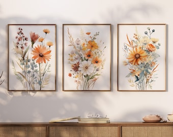 Zestaw neutralnych akwarelowych wydruków z dzikimi kwiatami, boho botaniczna sztuka ścienna (do pobrania w wersji cyfrowej)