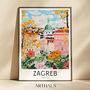 Zagreb Reise Poster Kroatien Digitaldruck Retro Wandkunst Maximalist Wohnkultur Vintage Europa Städte Digital Download