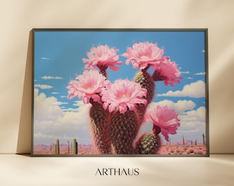 Stampa di un fiore di cactus rosa nel deserto, decorazione murale western di tendenza (download digitale)