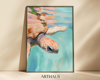 Arte de pared de tortuga marina pastel Arte natural para comedor Decoración de casa de playa Arte de pared Impresión impresionista Descarga digital