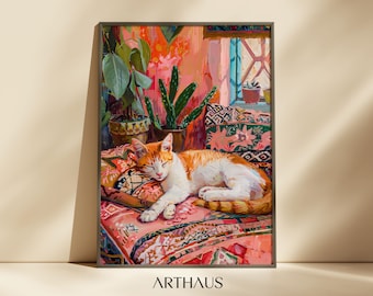 Stampa artistica di un gatto addormentato ispirata a Matisse, decorazione d'interni massimalista (download digitale)