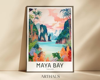 May include: A colorful illustration of Maya Bay in Thailand. The image features a tropical landscape with lush green foliage, towering cliffs, and a turquoise blue lagoon. The text "Maya Bay" and "Thailand" are printed below the image.