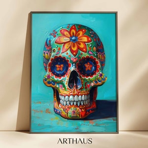Dia de Los Muertos Caveira de Açúcar Impressão de Arte para Imprimir Arte de Parede Mexicana Colorida Arte Tradicional Mexicana Impressão de Dopamina Decoração Maximalista