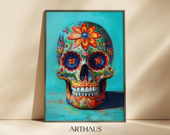 Sugar Skull Art Print, Colorful Dia de Los Muertos Decor (Digital Download)