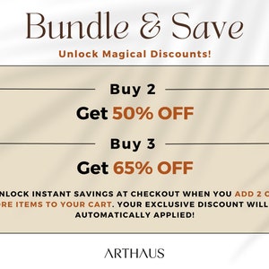 May include: A graphic with the text "Bundle & Save" and "Unlock Magical Discounts!"  The graphic shows two offers: Buy 2, Get 50% OFF and Buy 3, Get 65% OFF. The text "UNLOCK INSTANT SAVINGS AT CHECKOUT WHEN YOU ADD 2 OR MORE ITEMS TO YOUR CART. YOUR EXCLUSIVE DISCOUNT WILL BE AUTOMATICALLY APPLIED!" is also included. The graphic is on a beige background with the text in black and brown.