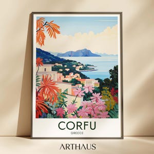 Poster di viaggio di Corfù, Grecia, stampa, decorazione massima, arte murale moderna di metà secolo, arte murale eclettica, poster della Grecia, arte di Corfù, download digitale
