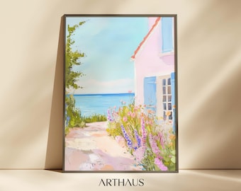 ピンクの夕焼けの海景水彩画：パステル調の海岸アート（デジタル