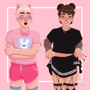 May include: Illustration of two figures in stylized outfits. One wears a pink t-shirt with a bunny graphic, pink shorts, and cat ears. The other is in a black crop top, skirt, and fishnet sleeves. The background is pink.