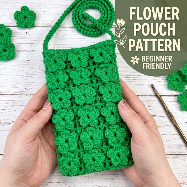 Green Daisy Crossbody Pouch crochet pattern listing photo by AnnaHookAndNeedle
