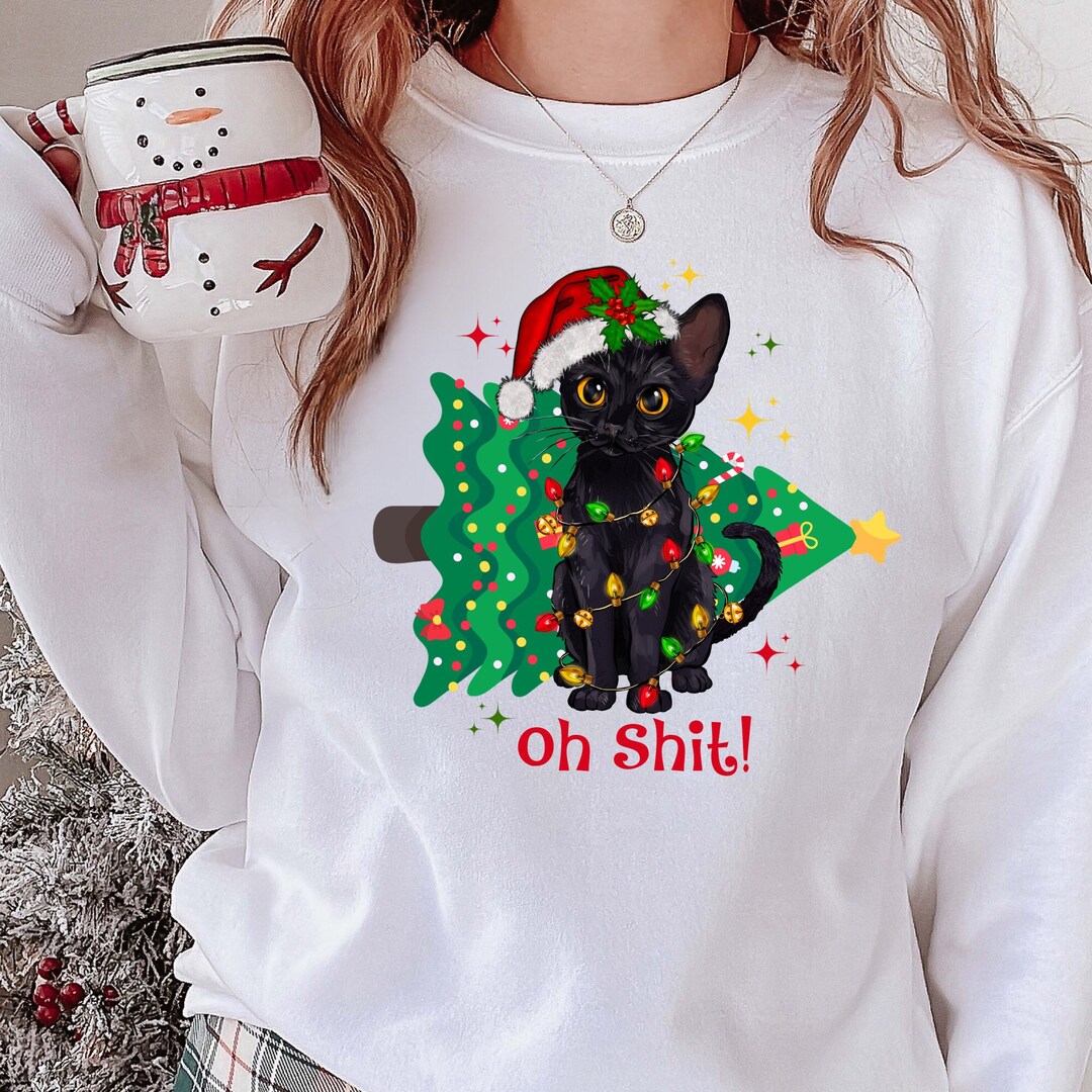 Black Cat Christmas Sweatshirt, Black Cat With Lights and Tree