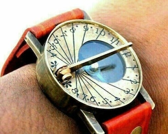 Compass Wrist Watch Brass Sundial Nautical Leather Antique Steampunk Showpiece Easily Hand Gift