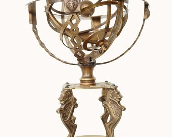 Brass Horse and Lion Armillary Nautical Sphere Globe Office deck and Home decor Beautifully Made Base is mounted on turned solid wood.