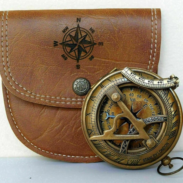 Nautical Brass Sundial Pocket Compass with Leather case Vintage Brass Pocket Compass With Sundial | Vintage Compass | Handmade Compass