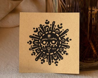 El Sol Linocut Art Print - Handmade Sun Illustration, 5x5 Mini Print