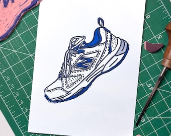 Father's Day Card – New Balance, Dad Shoes, Handmade Lino Block Print