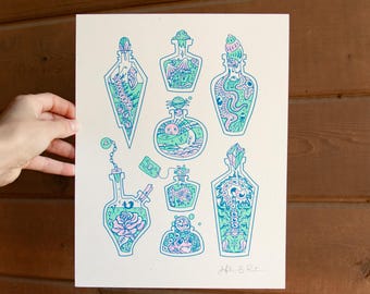 Pastel Potions Original Art Print: Witchy Screen Print, Colorful Halloween Decor