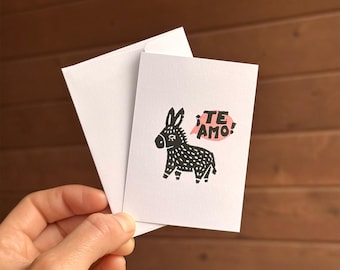 Te Amo Donkey Greeting Card – Handmade Lino Block Print
