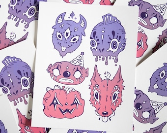 Little Ghouls Screen Print: Pastel Halloween Art, Friendly Monsters (8x10)