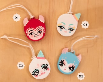 Mini Clown & Devil Christmas Ornaments, Handmade and hand painted