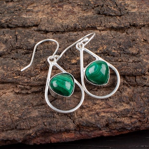 Natural Malachite Earring, 925 Sterling Silver Earring, Green Gemstone Earring, Dangle Drop Earring, Gift For Anniversary, Earring For Mom