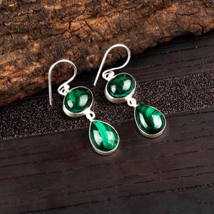 Natural Malachite Earrings, Gemstone Drop & Dangle Earrings, 925 Sterling Silver Handmade Fine Jewelry, Malachite Silver Earrings Women Gift