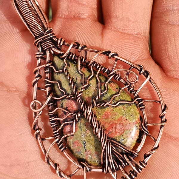 Tree Of Life Unakite Jasper Copper Pendant - Copper Wire Wrap Jasper 1 PC Pendant - Oxidized Jasper Tree Necklace - Handmade Pendant Jewelry