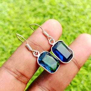 Faceted Blue Sapphire Quartz 925 Sterling Silver Plated Faceted Dongle Earring ,Women Fashion Designer 1 Pair Hook Earring, Jewelry Earring,