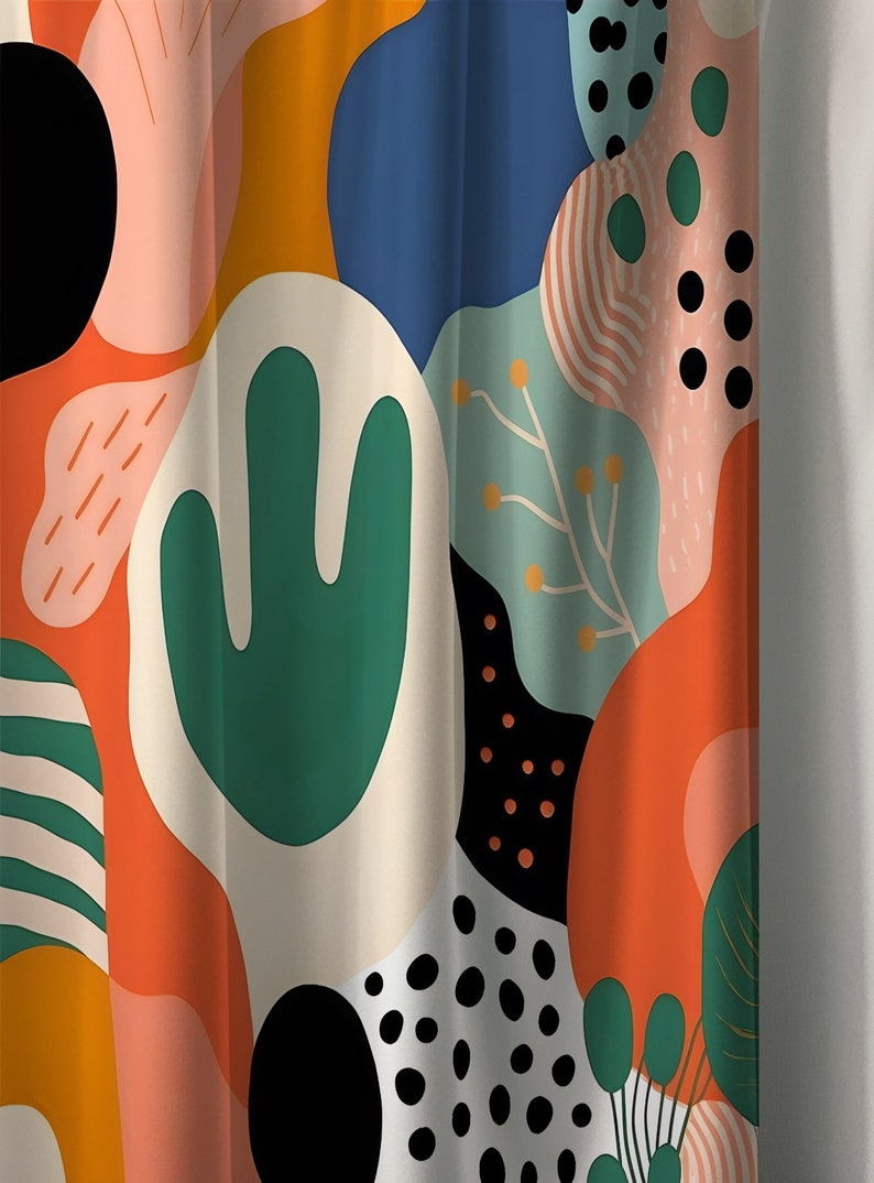 Cortina de ducha abstracta con cactus: decoración de baño posmoderna imagen 3