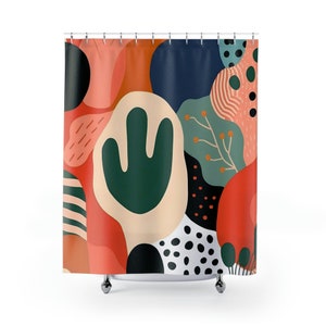 Cortina de ducha abstracta con cactus: decoración de baño posmoderna imagen 2