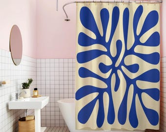 Cortina de ducha con diseño de plantas abstractas: azul rey, estilo moderno de mediados de siglo