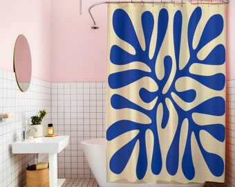 Modern Art Deco Shower Curtain, Abstract Plant Print, Mid Century Modern Style, Housewarming Gift,Bathroom Upgrade,Interior Decor,Royal Blue