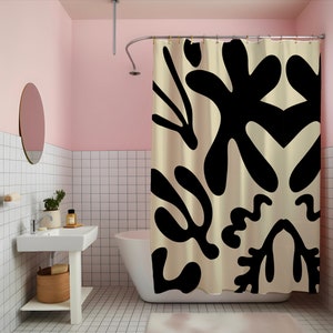 Black Beige Shower Curtain, Abstract Plant Print, Housewarming Gift, Birthday Gift, Bathroom Decor, Interior Decoration, Home Improvement