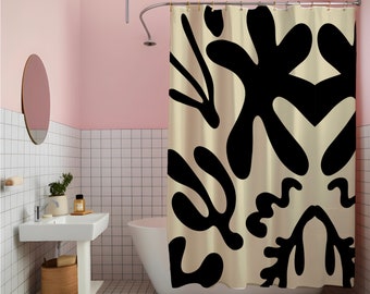Cortina de ducha negra y beige con estampado de plantas abstractas, regalo de inauguración de la casa, regalo de cumpleaños, decoración de baño, decoración de interiores, mejoras para el hogar