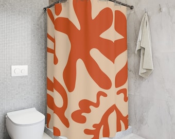 Cortina de ducha naranja y beige: estampado abstracto de plantas, tela de poliéster