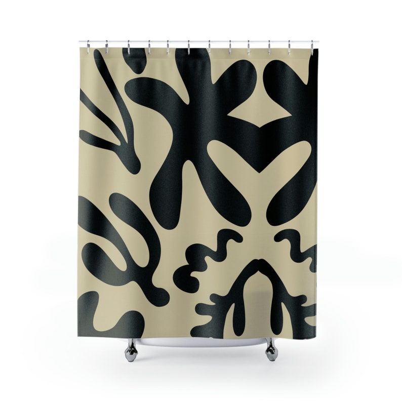 Black Beige Shower Curtain, Abstract Plant Print, Housewarming Gift