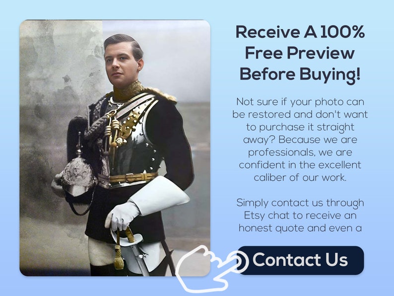 Service de restauration de photos en aperçu gratuit Laissez-nous restaurer et colorer de vieilles images, améliorer la qualité, restaurer les photos endommagées, supprimer le flou, offrir image 8