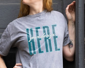 Colortone 1300 Mockup, Tie Dye Grey Unisex Mineral Wash TShirt, Female Lifestyle Model Mockup, Digital Download