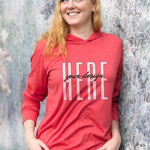 Bella Canvas 3512 Hoodie Mockup, Heather Red Unisex Hooded Long Sleeve Tee, Female Lifestyle Model Mockup, Digital Download