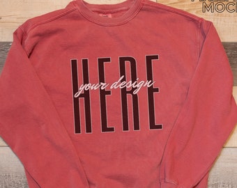 Comfort Colors 1566 Sweatshirt Mockup, Karmazynowy, Płaski układ, Pobieranie cyfrowe, Rustykalny, Boho, Zima