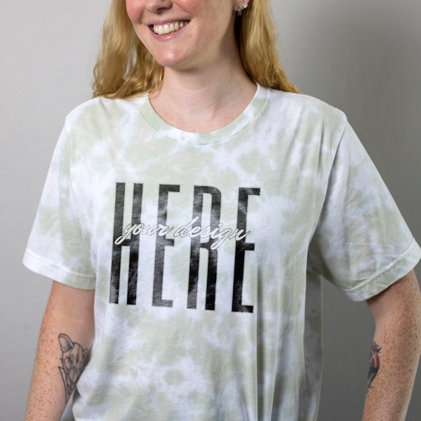 Bella Canvas 3100RD Tie Dye Mockup, Olive Oil and White Unisex Tee, Female Lifestyle Model Tshirt  Mockup, Digital Download