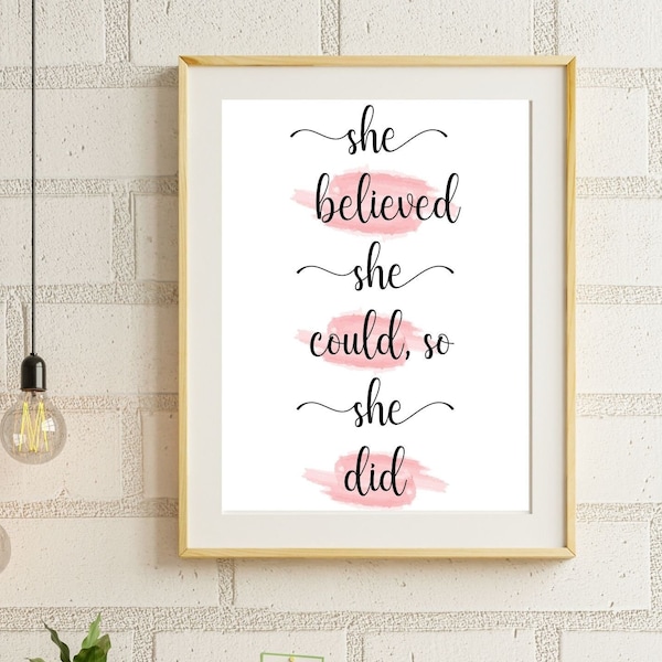 Girl Boss Printable Wall Art,Blush Pink,She Believed She Could So She Did, Boss Lady,Girl Power Print,Entrepreneur Motivational Office Decor