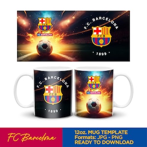 May include: A white ceramic mug with a black and red design featuring the FC Barcelona logo, a soccer ball, and the text "F.C. BARCELONA 1899".