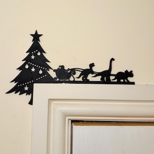 Dinosaur Santa Sleigh Door Corner | Unique Christmas Decor | Dino Holiday Decoration