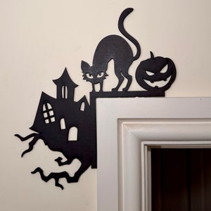 Halloween Black Cat Haunted House Door Corner: Spooky MDF Decor