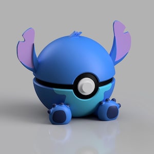 May include: A blue and light blue spherical figurine, a fusion of Stitch from Lilo & Stitch and a Pok&eacute; Ball. The figurine features large ears, small feet, and a black and white circular detail. The design is a creative blend.